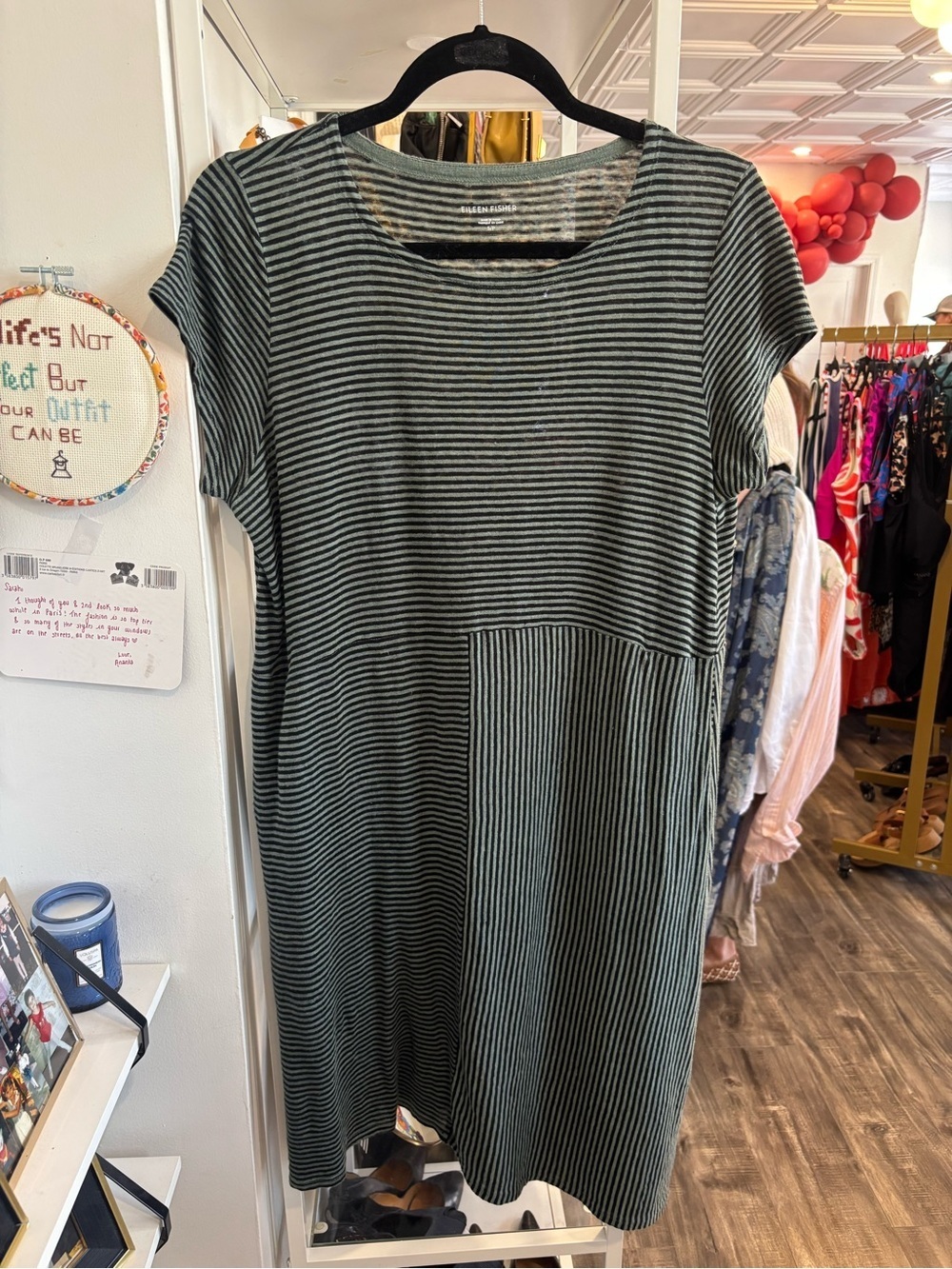 Eileen Fisher Green and Black Striped Short Sleeve Dress